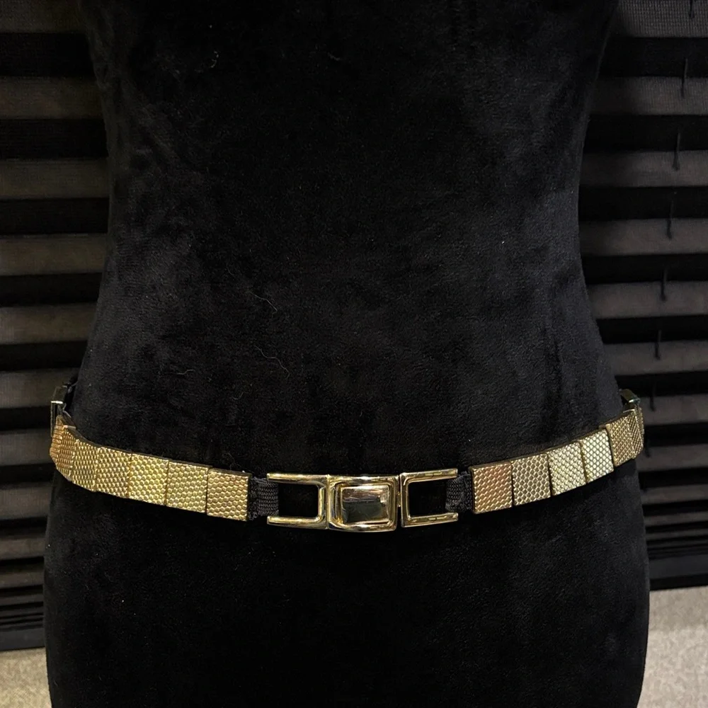 Black Elastic & Gold Square Metal Bead Front Closure Fashion Dance Club Belt 32”